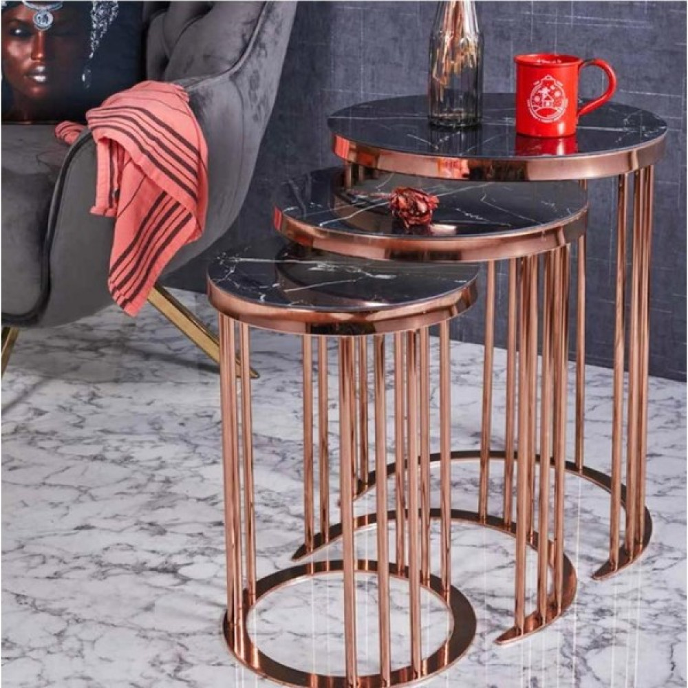Evim-E Aksesuar C Metal Içiçe Girebilen 3'lü Zigon Sehpa Yuvarlak Bakır Kaplamalı - Siyah Mermer Temperli Cam - Bakır (Gold Rose) Zigon Sehpa Fiyatı