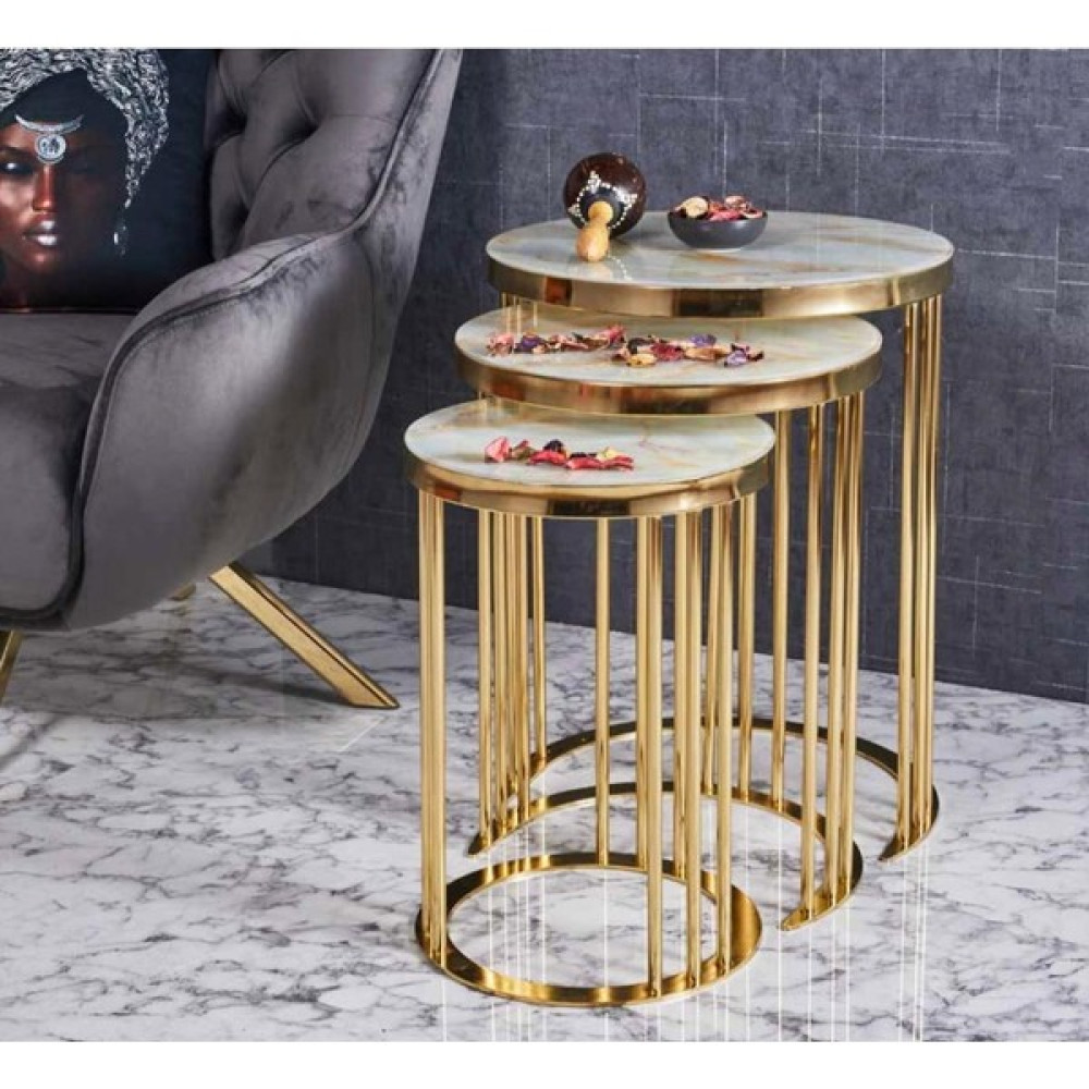 Evim-E Aksesuar C Metal Içiçe Girebilen 3'lü Zigon Sehpa Yuvarlak Gold (Altın) Kaplamalı - Gold Mermer Temperli Cam Zigon Sehpa Fiyatı