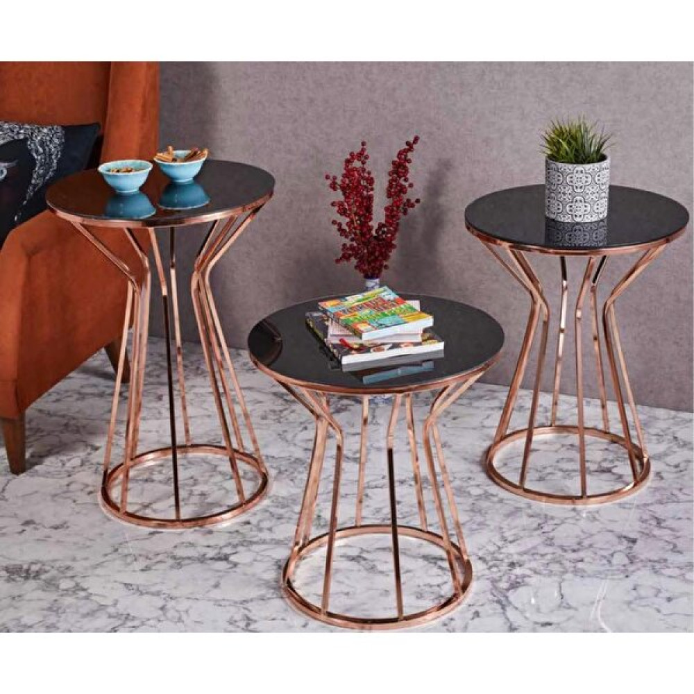 Evim-E Aksesuar Cadde Metal 3'lü Zigon Sehpa Yuvarlak Bakır (Rose Gold) Kaplama - Siyah Temperli Cam Zigon Sehpa Fiyatı