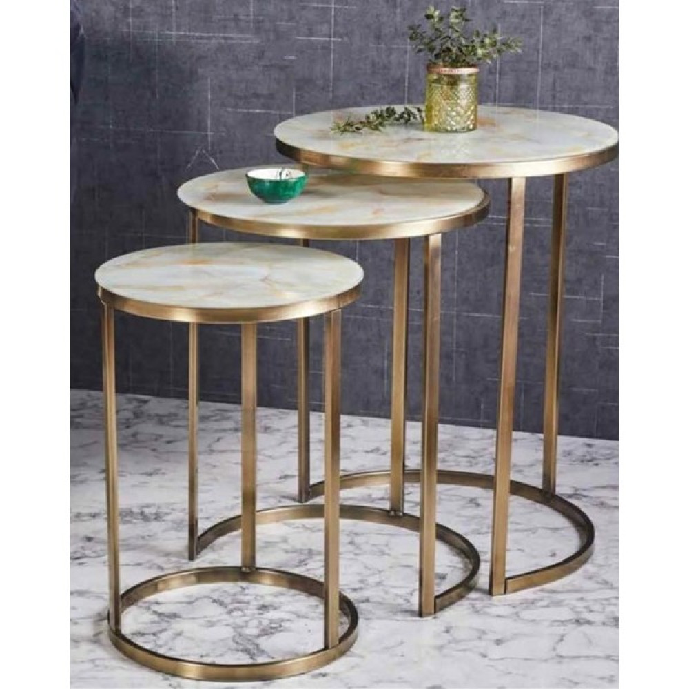 Evim-E Aksesuar Eko C Metal Iç Içe Girebilen 3'lü Zigon Gold Eskitme Kaplamalı - Gold Mermer Temperli Cam Zigon Sehpa Fiyatı