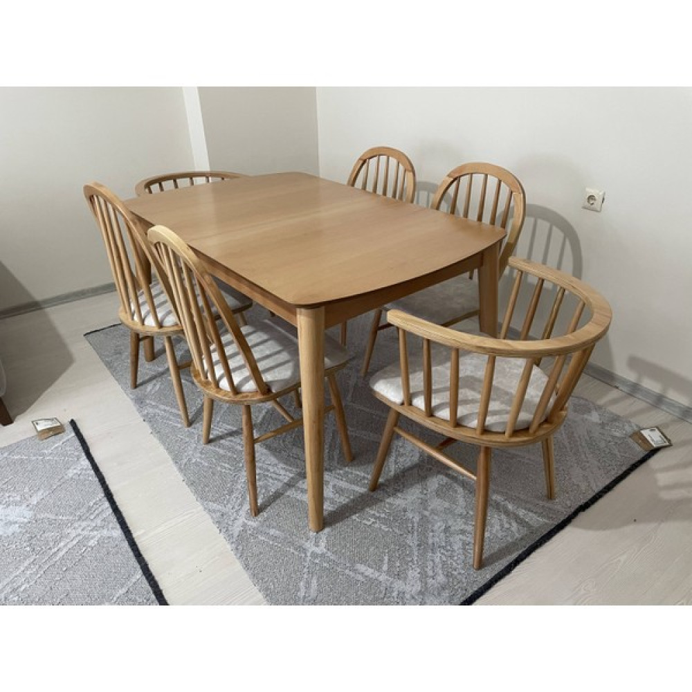 Evim-E Aksesuar Iskandinav Masa Sandalye Takımı- Doğal Renk-Amerikan + Omurga Sandalye + Retro Masa-Tamam Ahşap - Kahverengi - 90 x 140 cm Masa - Sandalye Seti / Takımı Fiyatı