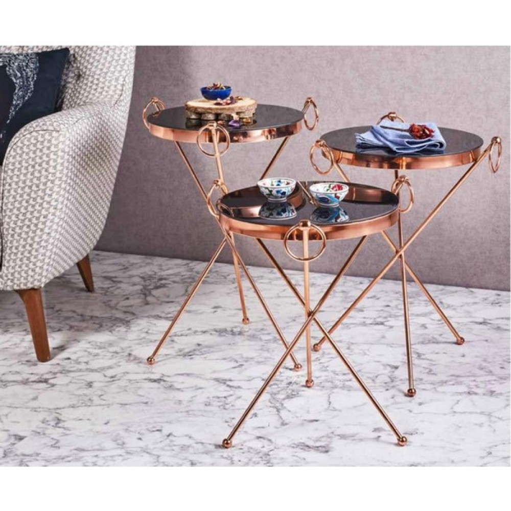 Evim-E Aksesuar Küpeli Metal 3'lü Zigon Sehpa Bakır (Rose Gold) Kaplamalı Yuvarlak - Siyah Temperli Cam Zigon Sehpa Fiyatı