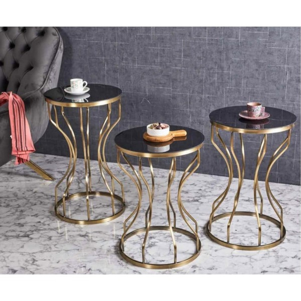 Evim-E Aksesuar Lotus Metal 3'lü Zigon Sehpa Yuvarlak Gold Eskitme Kaplamalı - Siyah Temperli Cam - Gold Eskitme (Rose Gold) Zigon Sehpa Fiyatı