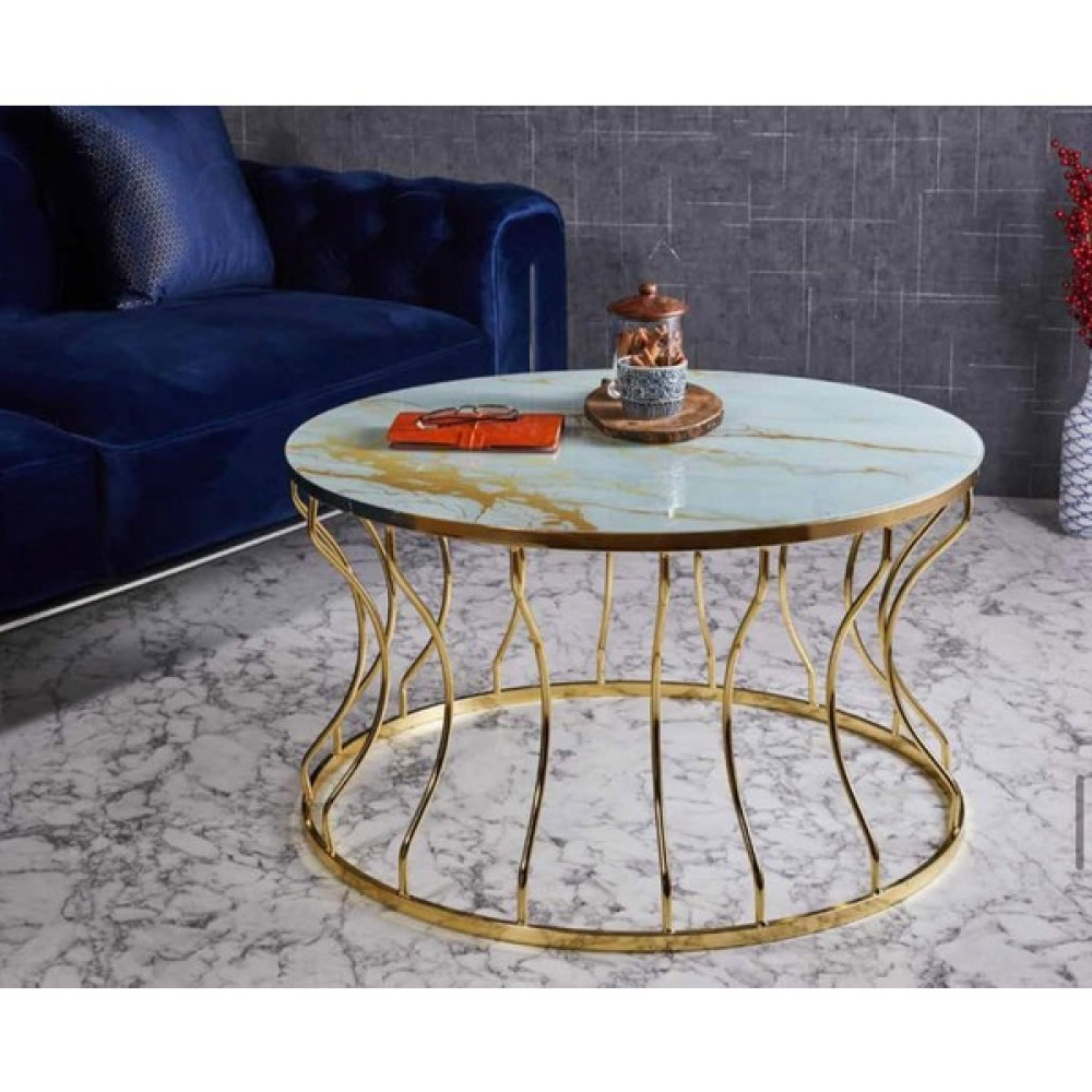 Evim-E Aksesuar Lotus Metal Kaplamalı Orta Sehpa Yuvarlak Gold(Altın)-Gold Mermer Temperli Cam - Beyaz Orta Sehpa Fiyatı