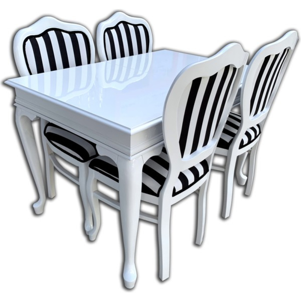 Evim-E Aksesuar Lükens Açılır Ahşap Lake Masa + 4 Adet Kontra Ahşap Lake Zebra Döşeme Sandalye - Beyaz - Siyah - 80 X 120 cm Masa - Sandalye Seti / Takımı Fiyatı