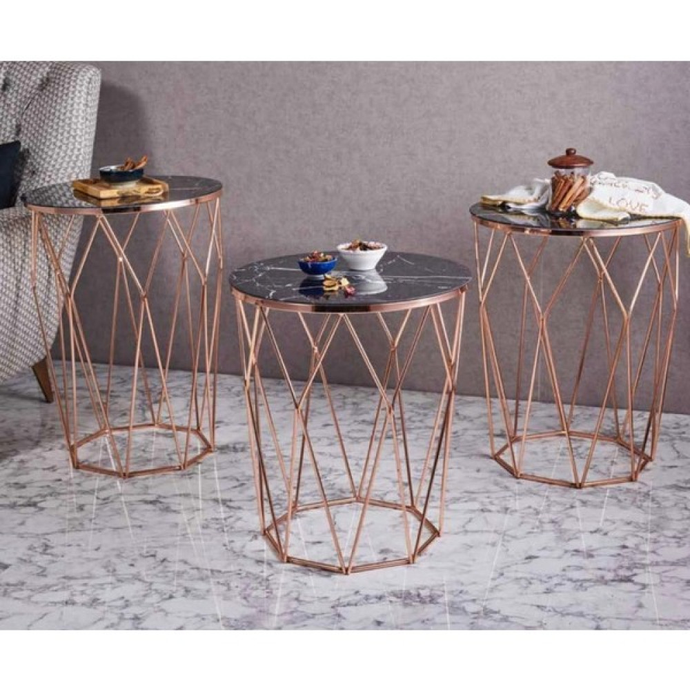 Evim-E Aksesuar Piramit Metal 3'lü Zigon Sehpa Yuvarlak Bakır (Rose Gold) Kaplama - Beyaz Gold Mermer Temperli Cam Zigon Sehpa Fiyatı