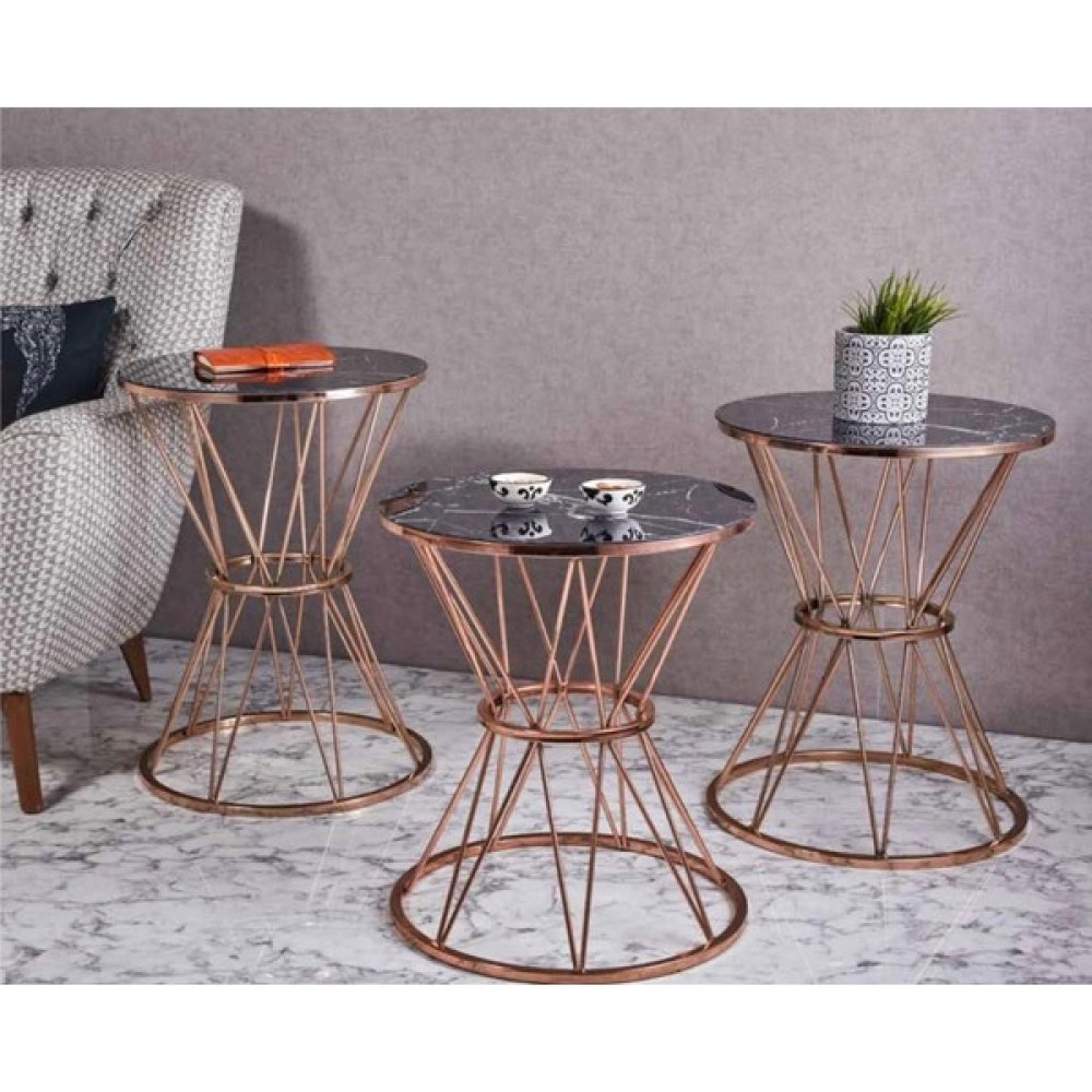 Evim-E Aksesuar Şato Metal 3'lü Zigon Sehpa Bakır (Rose Gold) Kapalma Yuvarlak- Siyah Mermer Temperli Cam Zigon Sehpa Fiyatı