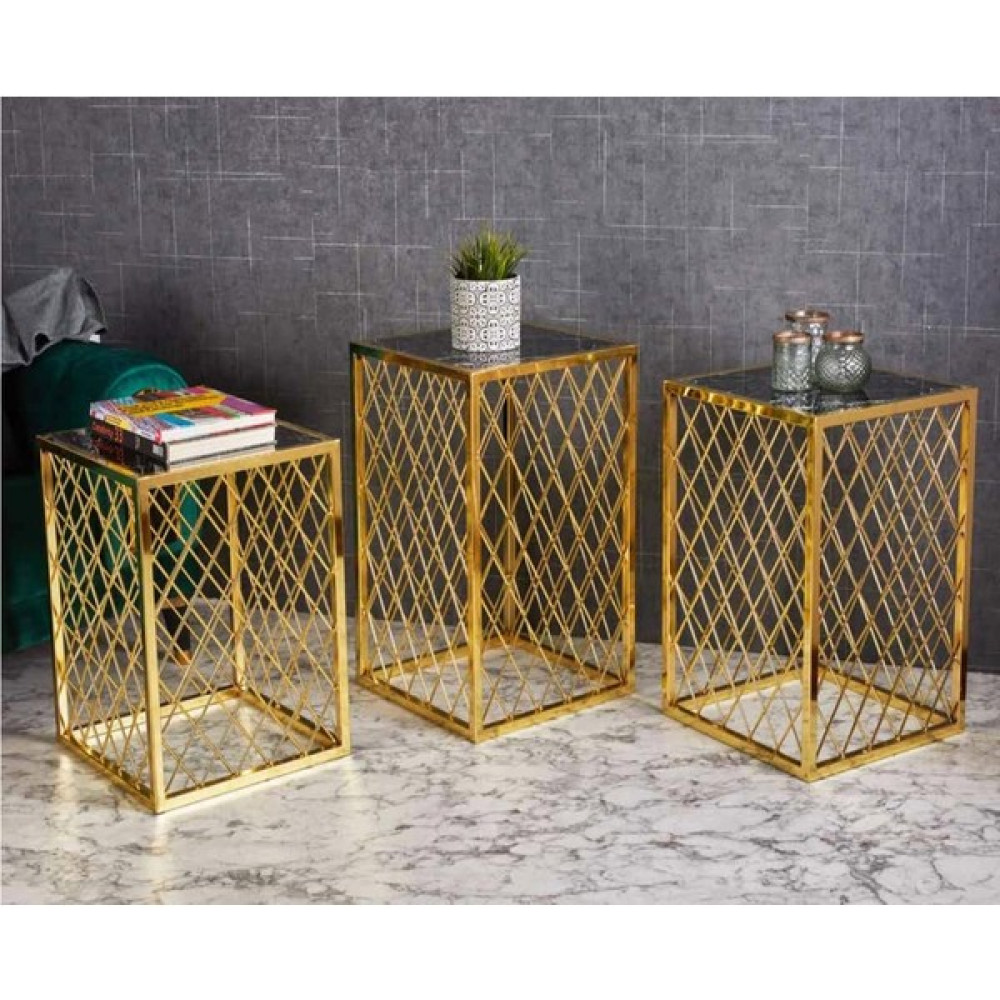 Evim-E Aksesuar Simi Kare Telli Metal 3'lü Zigon Sehpa Gold (Altın) Kaplamalı - Siyah Mermer Temperli Cam - Gold(altın) Zigon Sehpa Fiyatı