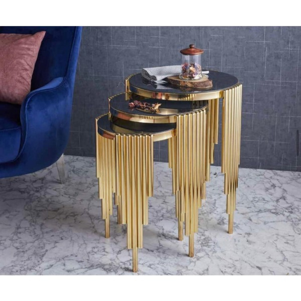 Evim-E Aksesuar Yuvarlak Borulu Iç Içe Girebilen Metal 3'lü Zigon Sehpa Gold(Altın) Kaplamalı - Siyah Temperli Cam - Gold Zigon Sehpa Fiyatı