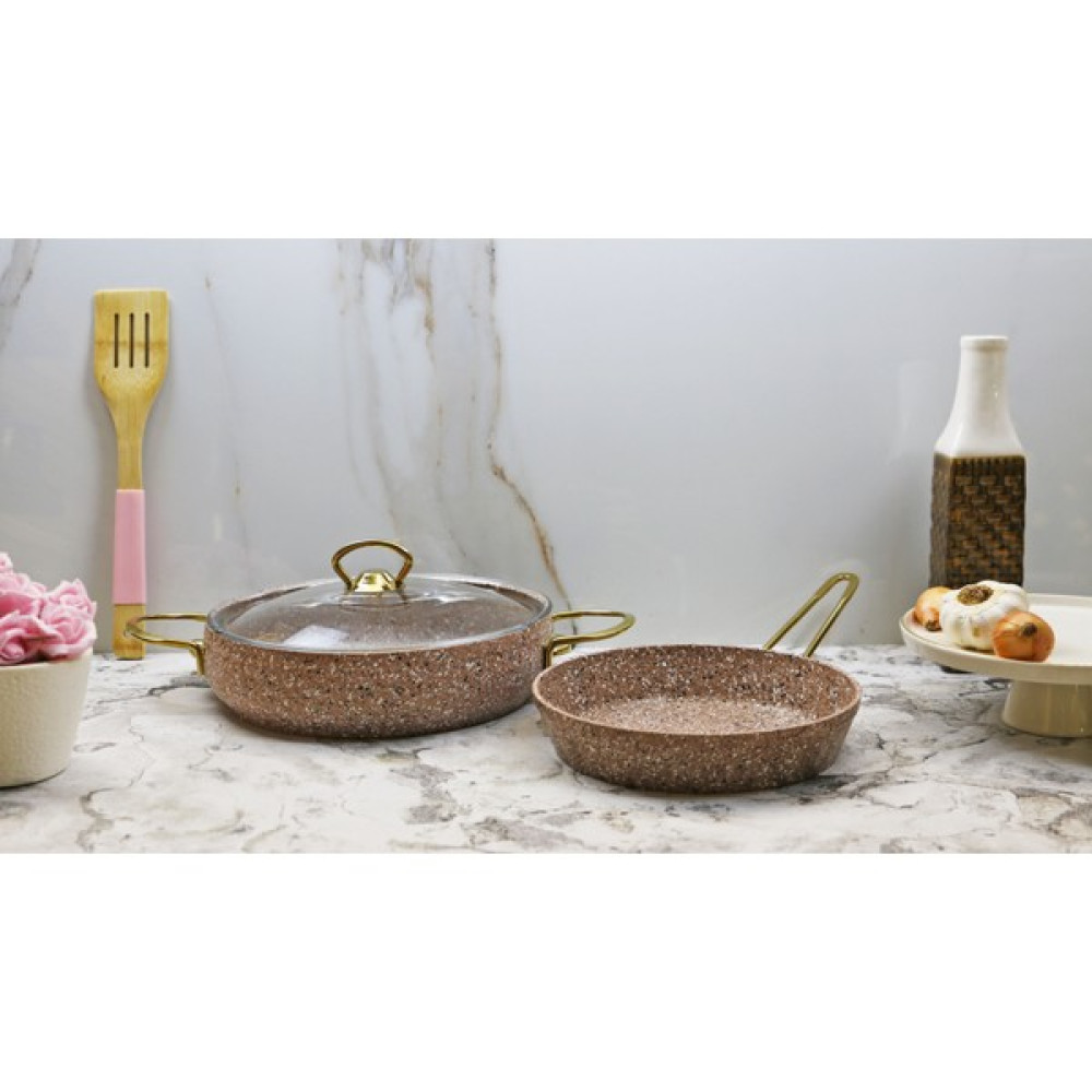 Evita Eco Gold Granit 3 Parça Tava ve Basık Tencere Seti-Mini - Kahverengi - 22 cm Tencere / Tava Setleri Fiyatı