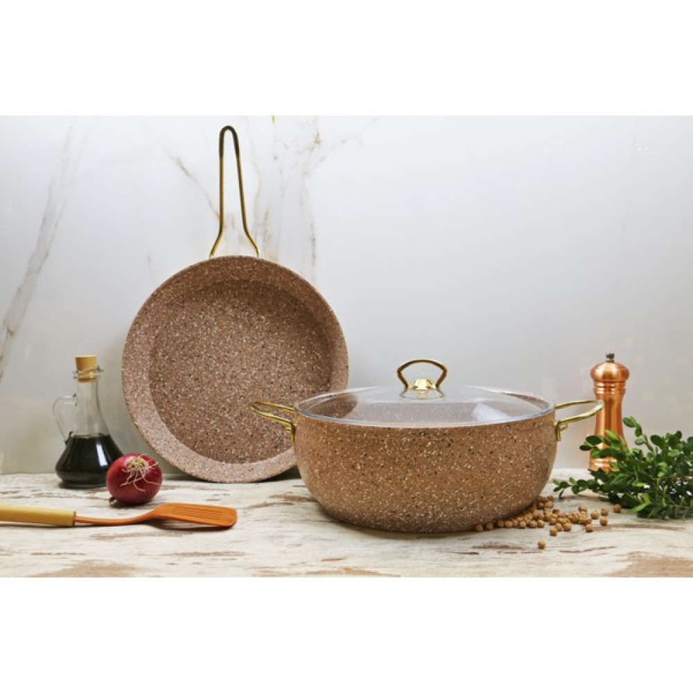 Evita Eco Gold Granit 3 Parça Tava ve Derin Tencere Seti-Mega - Kahverengi - 30 cm Tencere / Tava Setleri Fiyatı