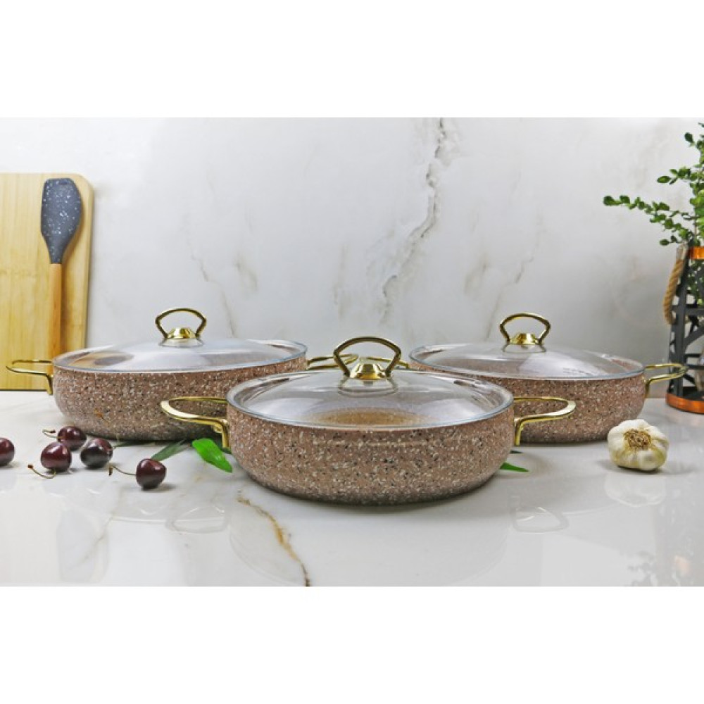 Evita Eco Gold Granit 6 Parça Basık Tencere Seti Family 24-26-28 cm - Kahverengi Tencere / Tava Setleri Fiyatı