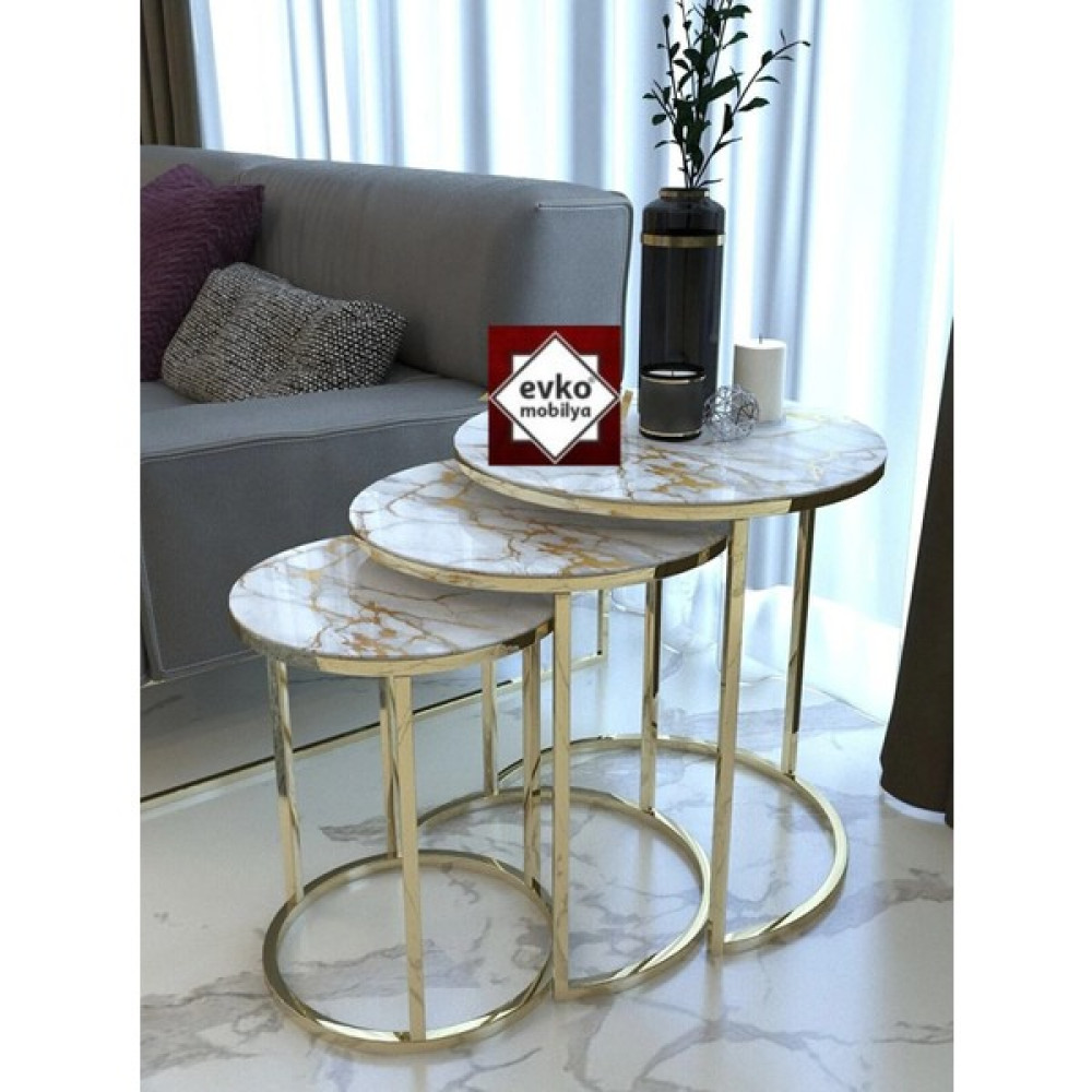 Evko Mobilya 3'lü Zigon Sehpa Gold Kırılmaz Temperli Camlı, Servis Sehpası, Salon Sehpası - Gold - Gold Mermer Zigon Sehpa Fiyatı