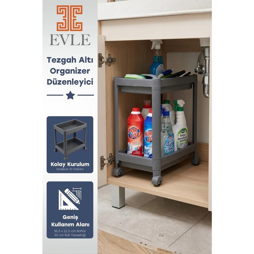 Evle 2 Katlı Tekerlekli Tezgah Altı Raf Düzenleyici Organizer, Banyo Lavabo Altı Düzenleyici "Antrasit" - Antrasit Diğer Fiyatı