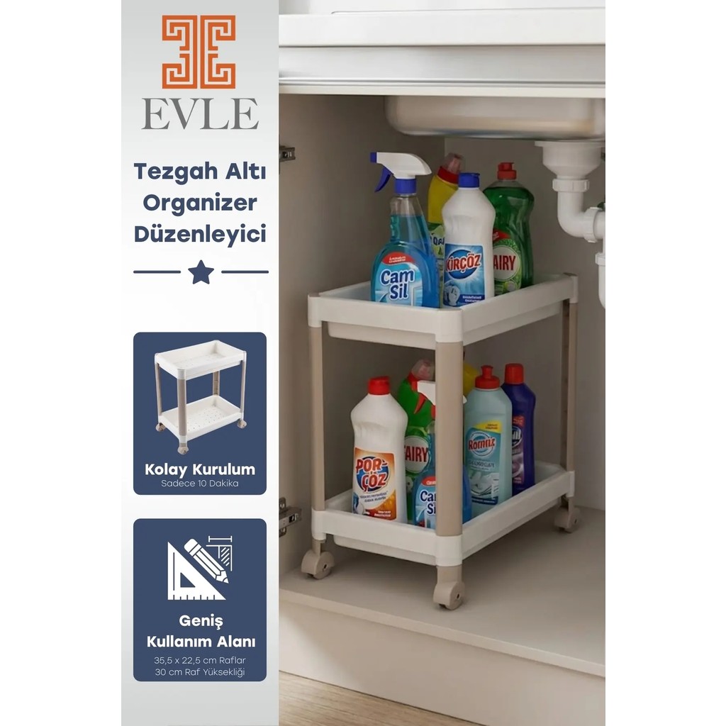 Evle 2 Katlı Tekerlekli Tezgah Altı Raf Düzenleyici Organizer, Banyo Lavabo Altı Düzenleyici "Antrasit" - Beyaz Diğer Fiyatı