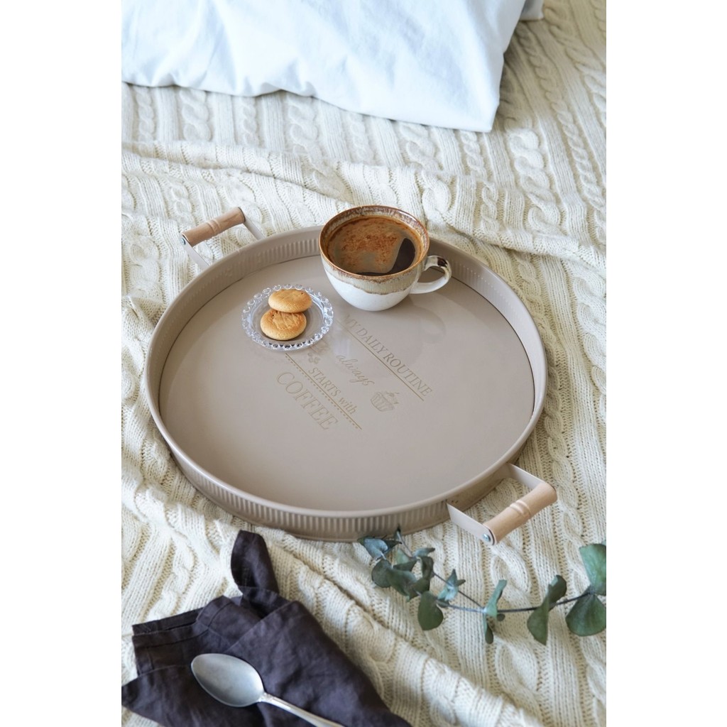 Evle Ahşap Kulplu Yuvarlak Tepsi 37 Cm Desenli Tepsiler / Fırın Kapları Fiyatı