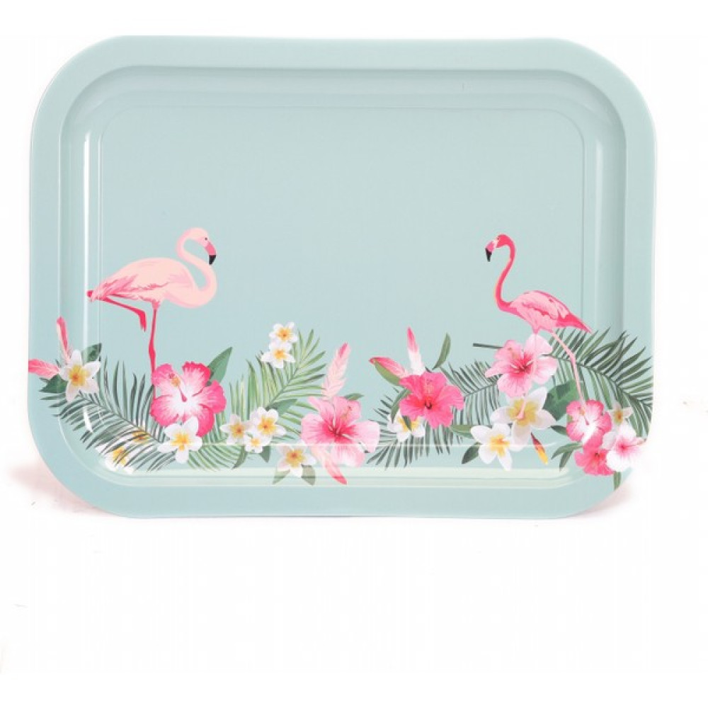 Evle Flamingo Desenli 233x307 mm Dikdörtgen Metal Dekoratif Sunum Tepsisi - Çok Renkli Servis Tepsisi Fiyatı