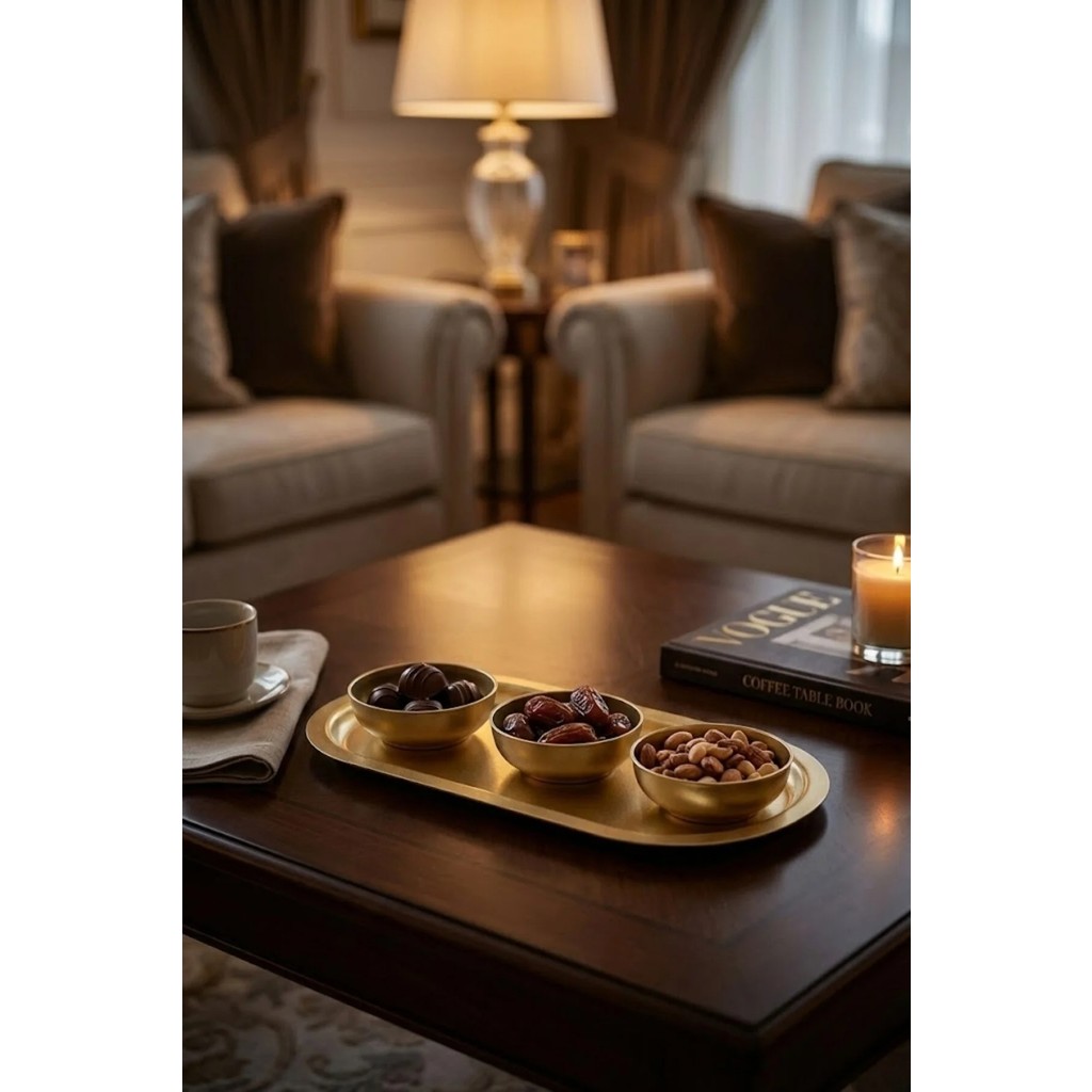 Evle Gold Metal Baton Tepsi & 3’lü Çerezlik Seti (35x16 cm Tepsi, Ø9 cm Kaseler) - 0 - 19 L Diğer Fiyatı