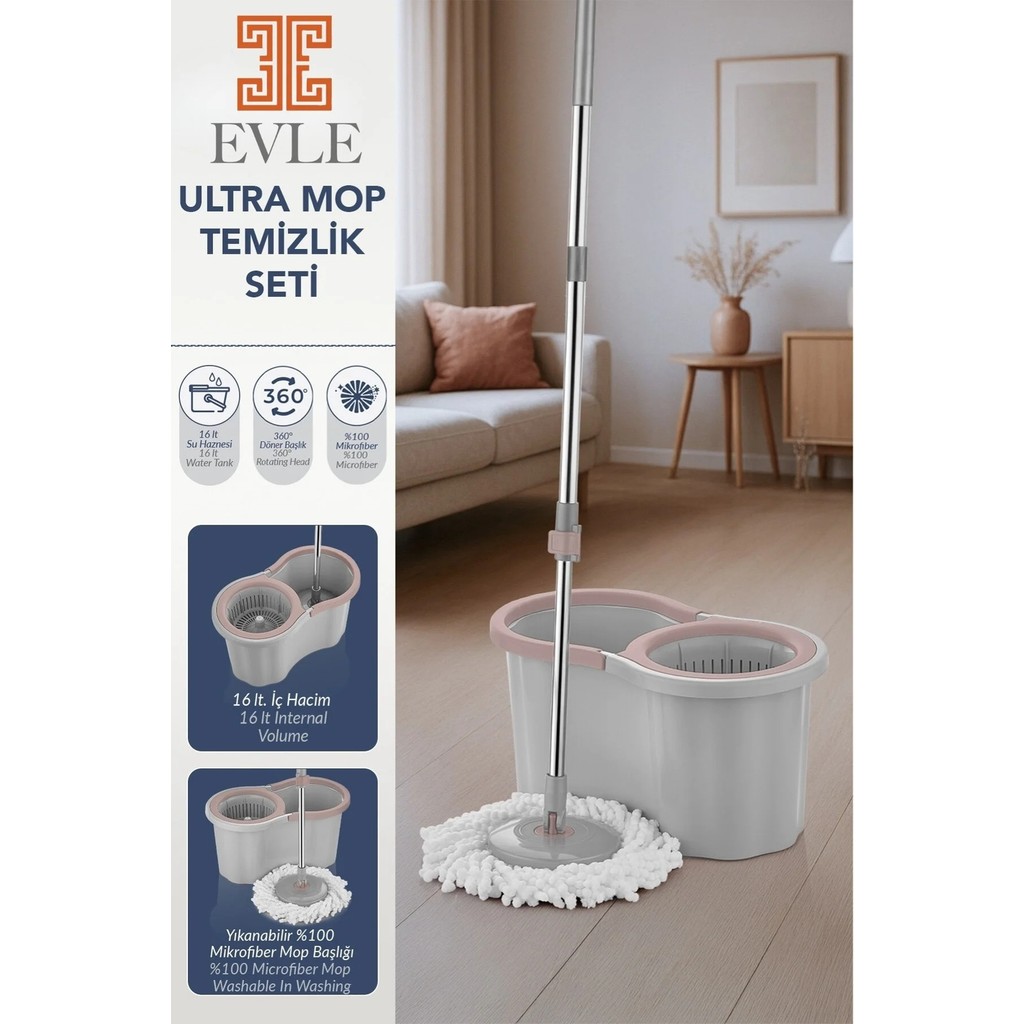 Evle Lavine Premium 360 Mop Temizlik Seti – 16 L, Gri, Paslanmaz Sap - Gri Diğer Fiyatı