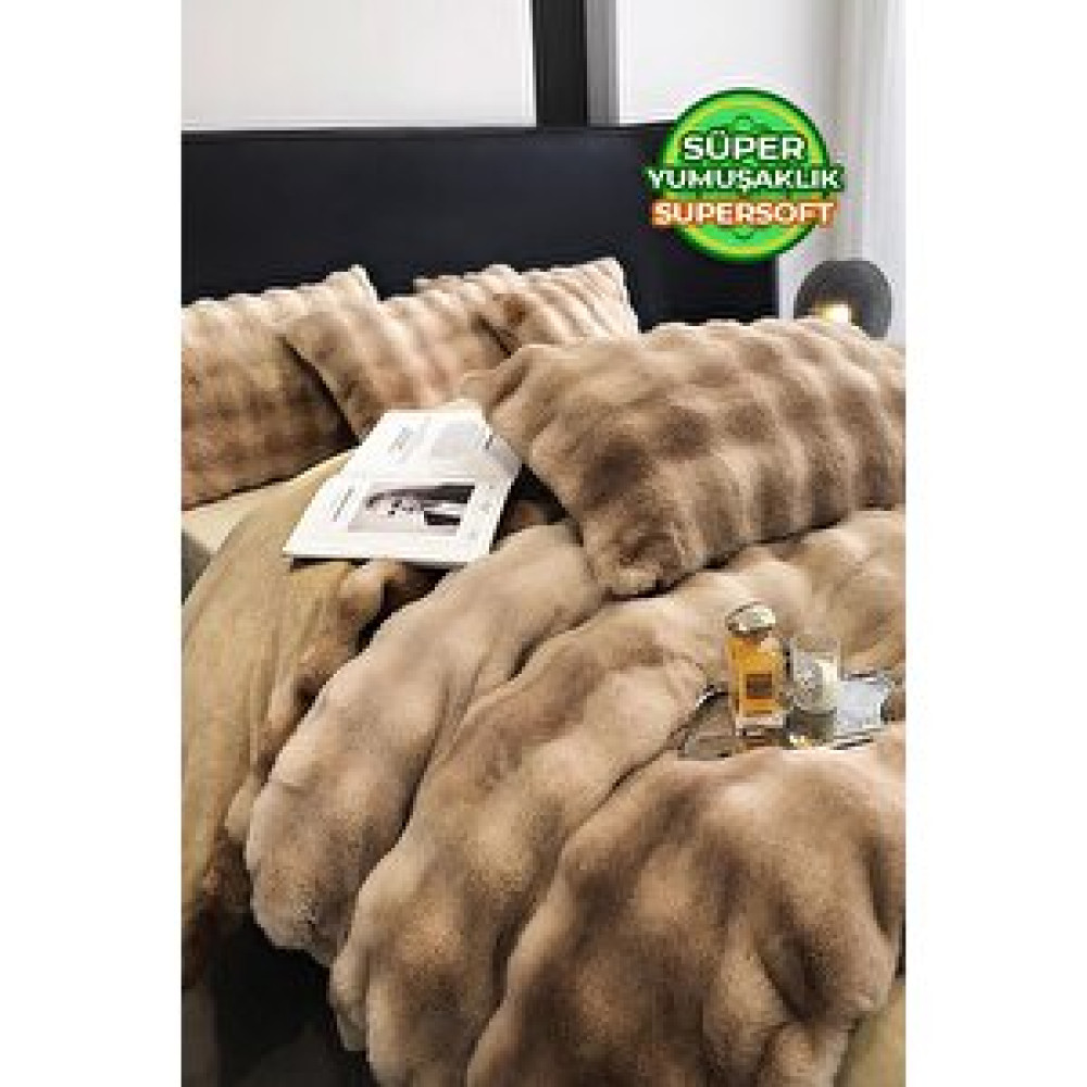 Evlen Home Collection Çift Kişilik Kürk Yorgan Dolgulu Peluş Yumuşak Wellsoft Yatak Örtüsü 3 Parça Set Opus Bej Yatak Seti / Uyku Seti Fiyatı