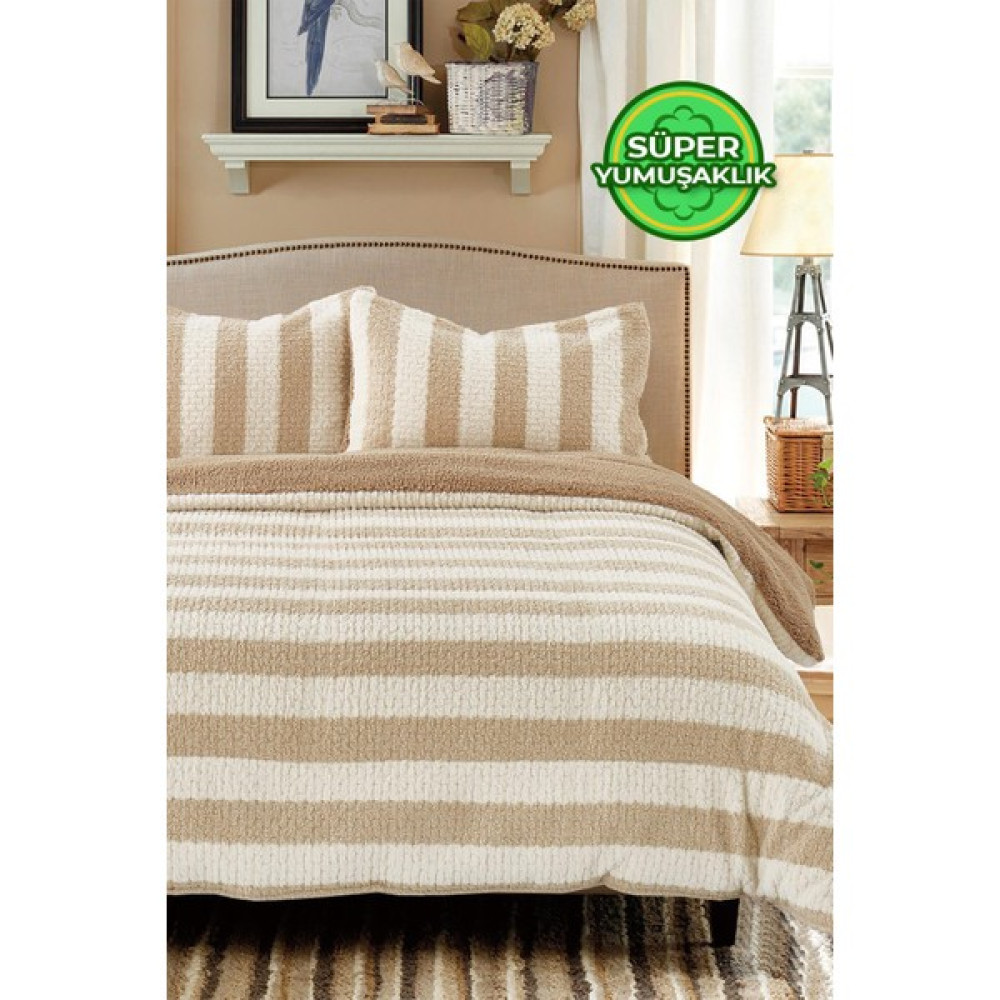 Evlen Home Collection Çift (Taraflı) Kişilik Kürk Yorgan Dolgulu Peluş Yumuşak Wellsoft Yatak Örtüsü 3 Parça Set Aura - Bej Yatak Seti / Uyku Seti Fiyatı