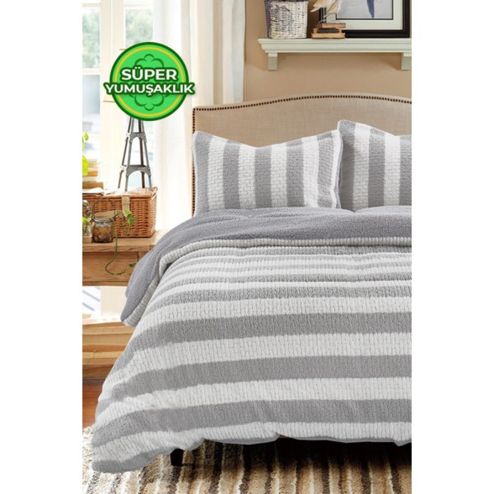 Evlen Home Collection Çift (Taraflı) Kişilik Kürk Yorgan Dolgulu Peluş Yumuşak Wellsoft Yatak Örtüsü 3 Parça Set Aura - Gri Yatak Seti / Uyku Seti Fiyatı