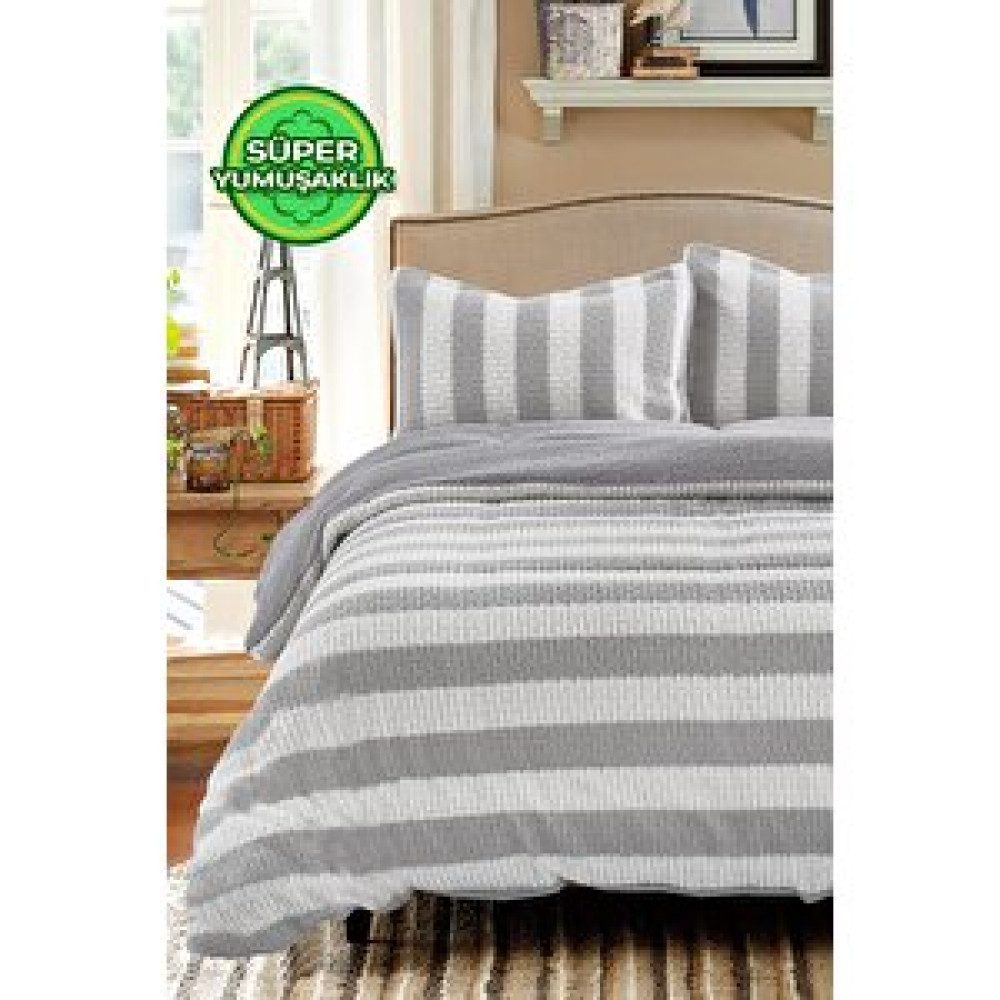 Evlen Home Collection Çift (taraflı) Kişilik Kürk Yorgan Dolgulu Peluş Yumuşak Wellsoft Yatak Örtüsü 3 Parça Set Aura Gri Yatak Seti / Uyku Seti Fiyatı