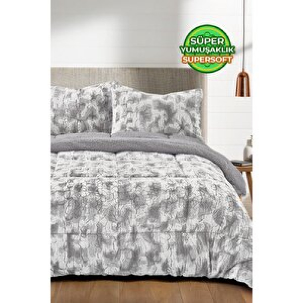 Evlen Home Collection Çift (taraflı) Kişilik Kürk Yorgan Dolgulu Peluş Yumuşak Wellsoft Yatak Örtüsü 3 Parça Set Eter Gri Yatak Seti / Uyku Seti Fiyatı