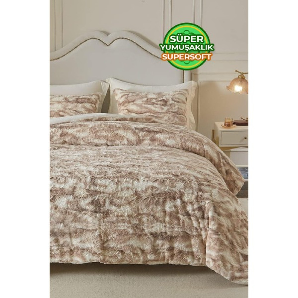 Evlen Home Collection Çift (Taraflı) Kişilik Kürk Yorgan Dolgulu Peluş Yumuşak Wellsoft Yatak Örtüsü 3 Parça Set Mayra - Bej - 220 x 240 cm Yorgan Fiyatı