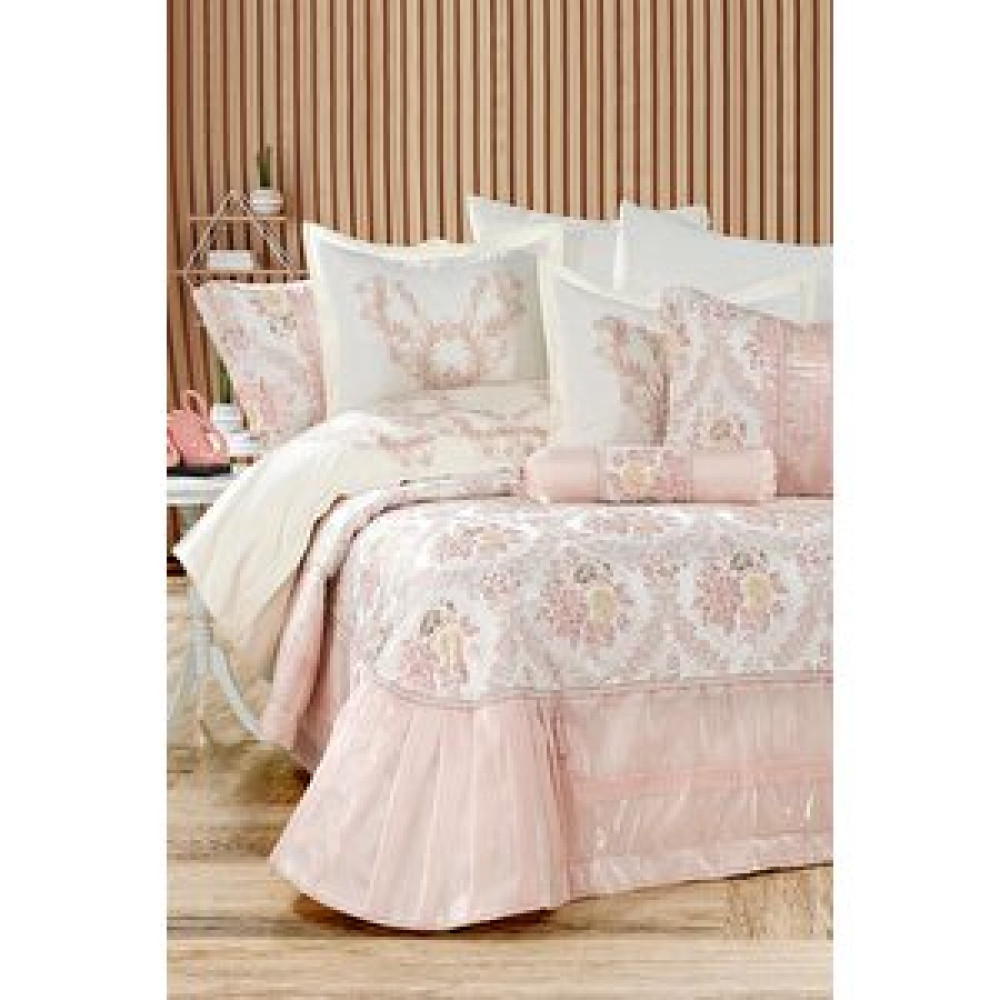 Evlen Home Collection Elfin Çeyiz Seti Nevresimli Yatak Örtüsü Seti Çift Kişilik Dantelli Nevresim Takımı Pamuk 10 Parça Pudra Yatak Örtüsü Fiyatı
