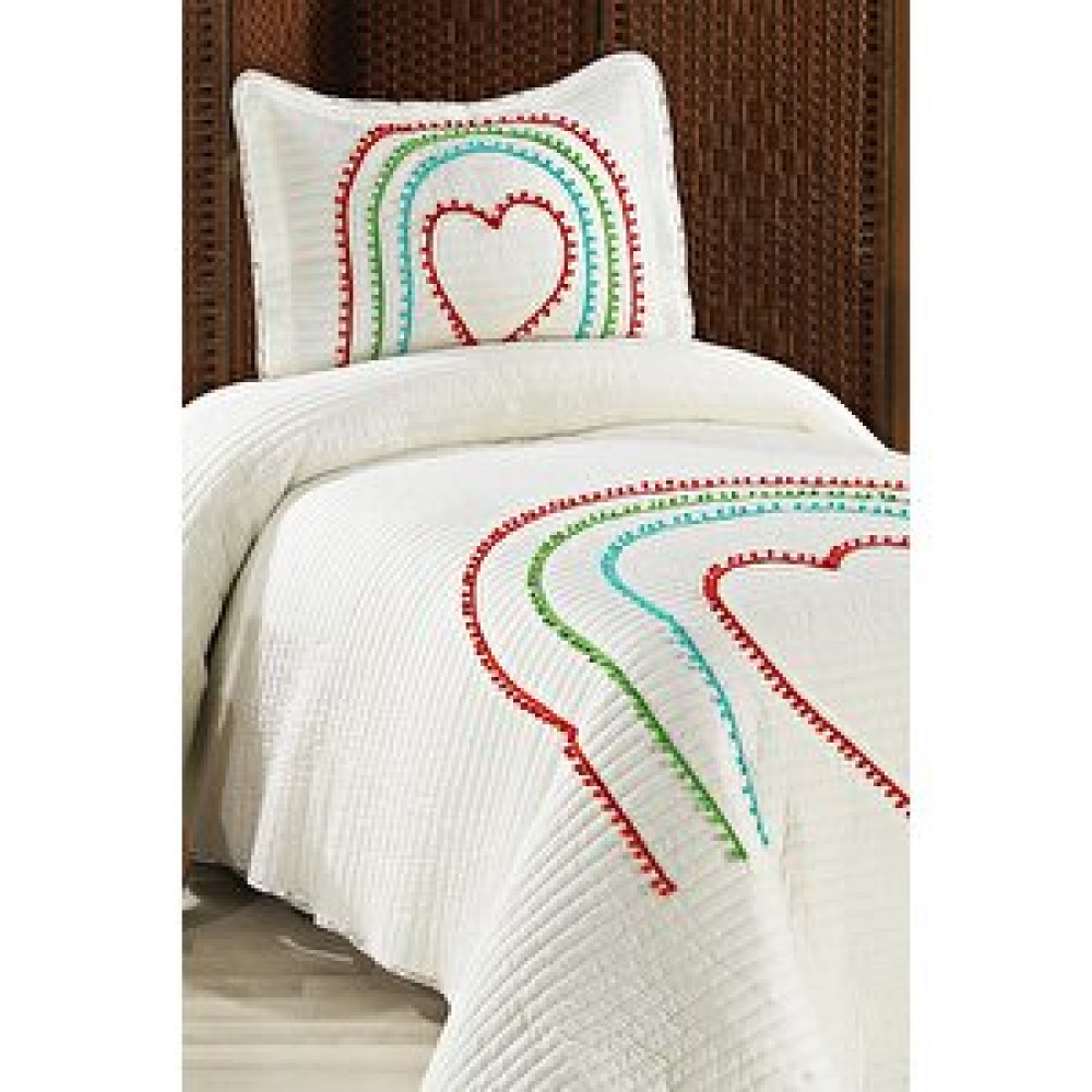 Evlen Home Collection Hale Renkli Ponponlu %100 Pamuk Tek Kişilik Yatak Örtüsü Kalpli ( Pike ) Takımı Yatak Örtüsü Fiyatı
