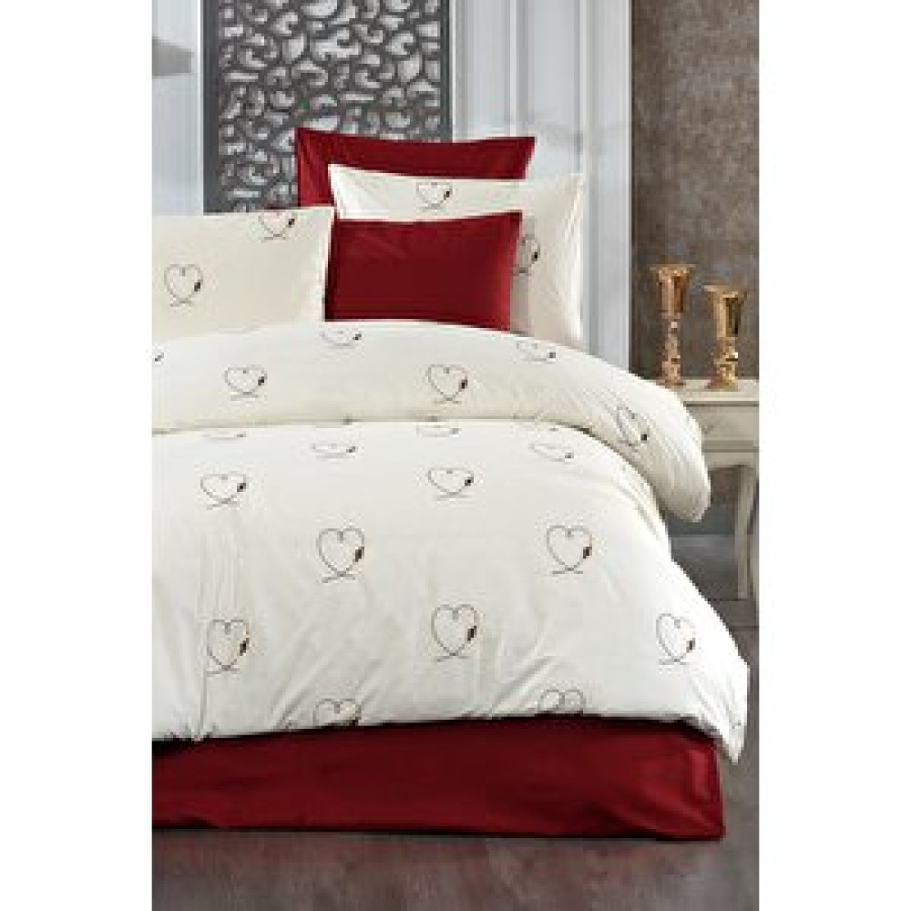Evlen Home Collection Kalp Nakışlı %100 Pamuk Lüks Kalite Nevresim Takımı Çift Kişilik Almira 6 Parça Çeyizlik Set Krem Nevresim Takımı Fiyatı