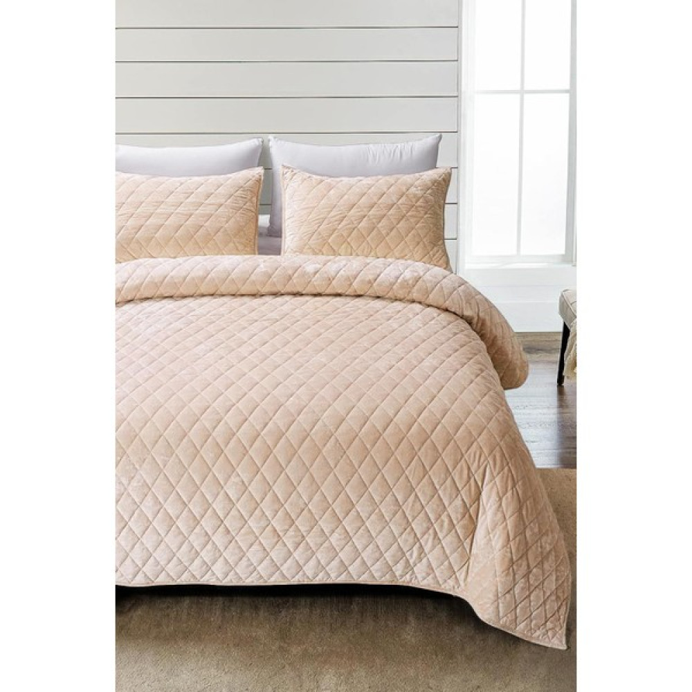 Evlen Home Collection Kapitone Kadife Yatak Örtüsü Seti Çift Kişilik Supersoft 3 Parça Yumuşak Elyaf Dolgulu Çeyizlik - 220 x 240 cm - Bej Yatak Örtüsü Fiyatı