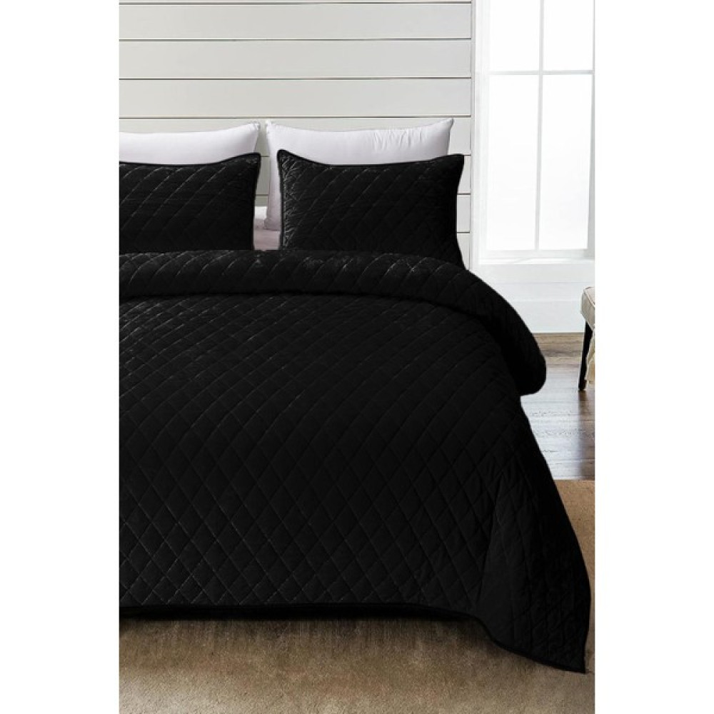 Evlen Home Collection Kapitone Kadife Yatak Örtüsü Seti Çift Kişilik Supersoft 3 Parça Yumuşak Elyaf Dolgulu Çeyizlik - 220 x 240 cm - Siyah Yatak Örtüsü Fiyatı