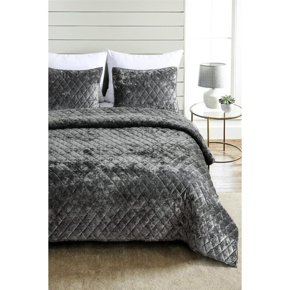 Evlen Home Collection Kapitone Kadife Yatak Örtüsü Seti Çift Kişilik Supersoft 3 Parça Yumuşak Elyaf Dolgulu Çeyizlik - Antrasit - 220 x 240 cm Yatak Örtüsü Fiyatı