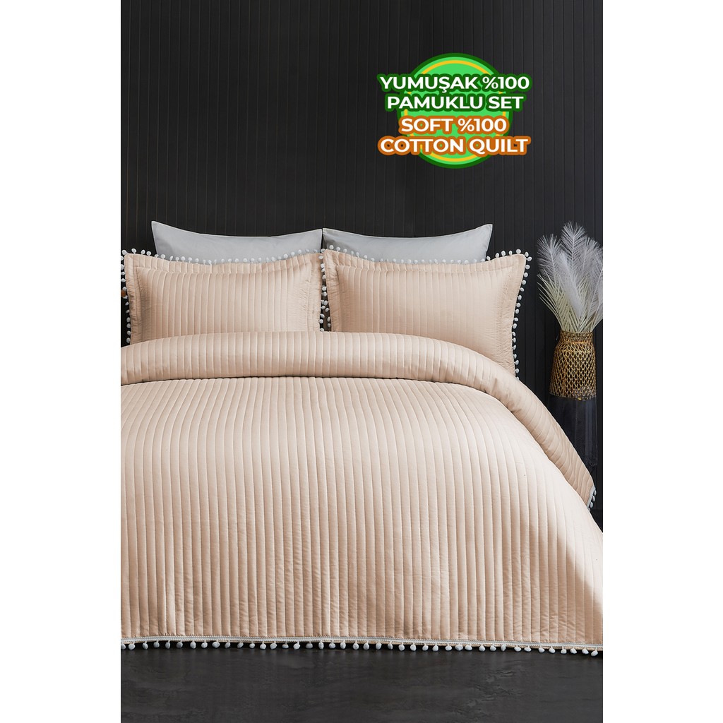 Evlen Home Collection Kapitone Ponpon %100 Pamuk Yatak Örtüsü Çift Kişilik 3 Parça Pike Takımı Bej - 240 x 250 cm - Cappuccino Yatak Örtüsü Fiyatı