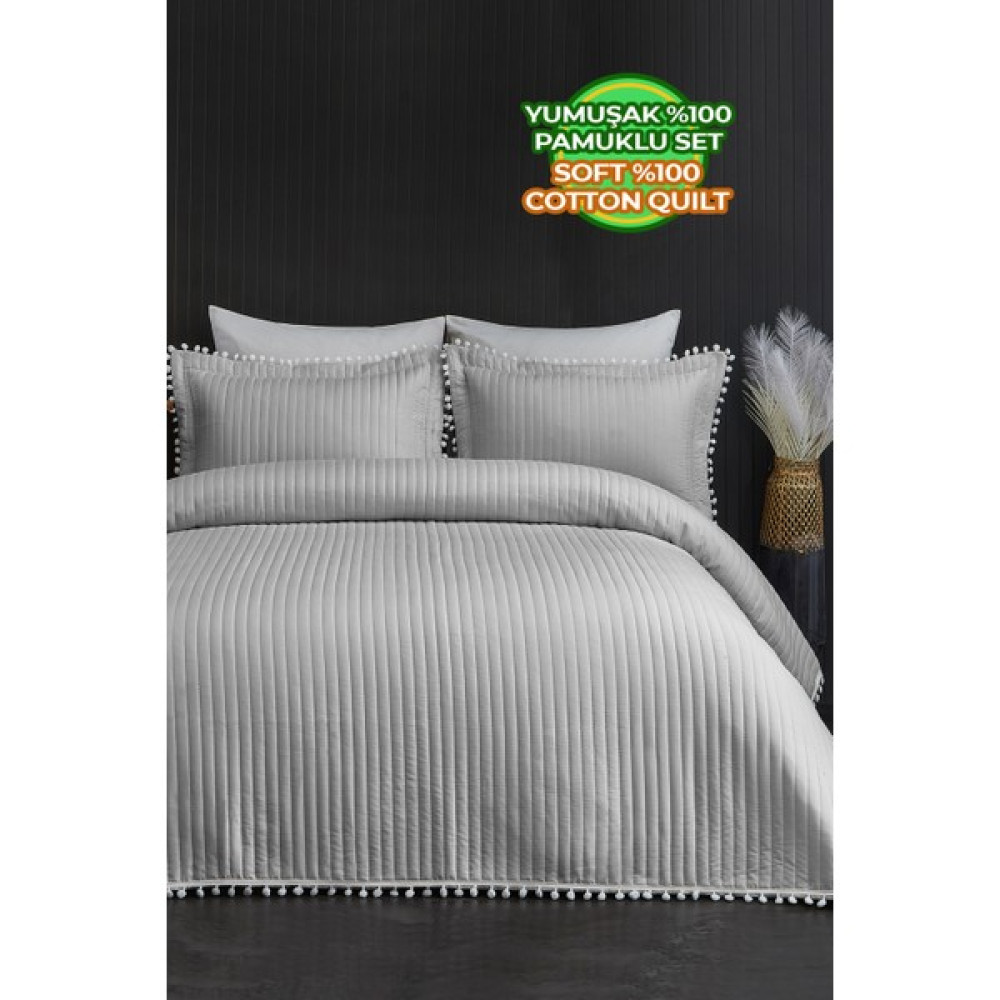 Evlen Home Collection Kapitone Ponpon %100 Pamuk  Yatak Örtüsü Çift Kişilik Gri 3 Parça Pike Takımı - 240 x 250 cm Yatak Örtüsü Fiyatı