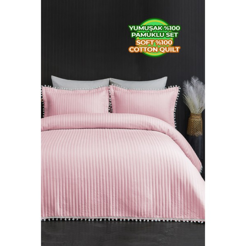Evlen Home Collection Kapitone Ponpon 3 Parça Yatak Örtüsü Çift Kişilik Pudra - 240 x 250 cm Yatak Örtüsü Fiyatı