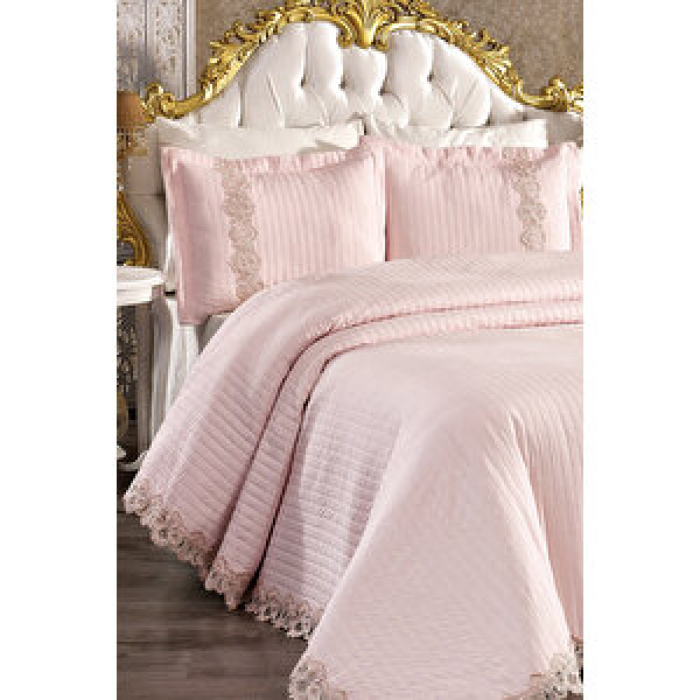 Evlen Home Collection Mihrimah Dantelli Çift Kişilik %100 Pamuk Yatak Örtüsü ( Pike ) Takımı Pudra Pudra Yatak Örtüsü Fiyatı
