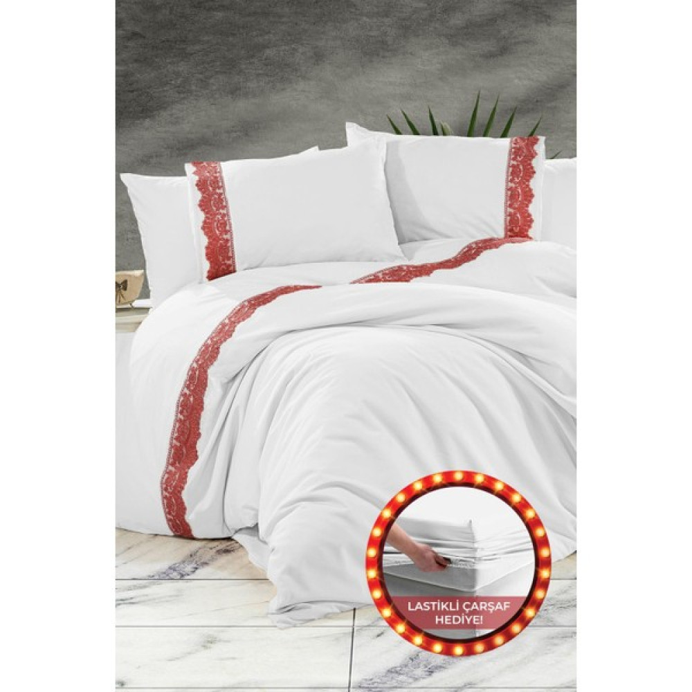 Evlen Home Collection Nirvana Dantel Güpürlü Nevresim Takımı %100 Pamuk Çift Kişilik (3 Parça) - Kırmızı - 200 x 220 cm Nevresim Takımı Fiyatı