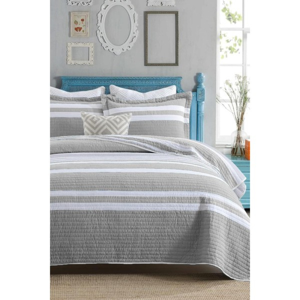 Evlen Home Collection Pamuklu Çizgili Yatak Örtüsü Seti Çift ( Taraflı ) Kişilik 3 Parça Günlük Battal Jelly - 240 x 250 cm - Gri Yatak Örtüsü Fiyatı