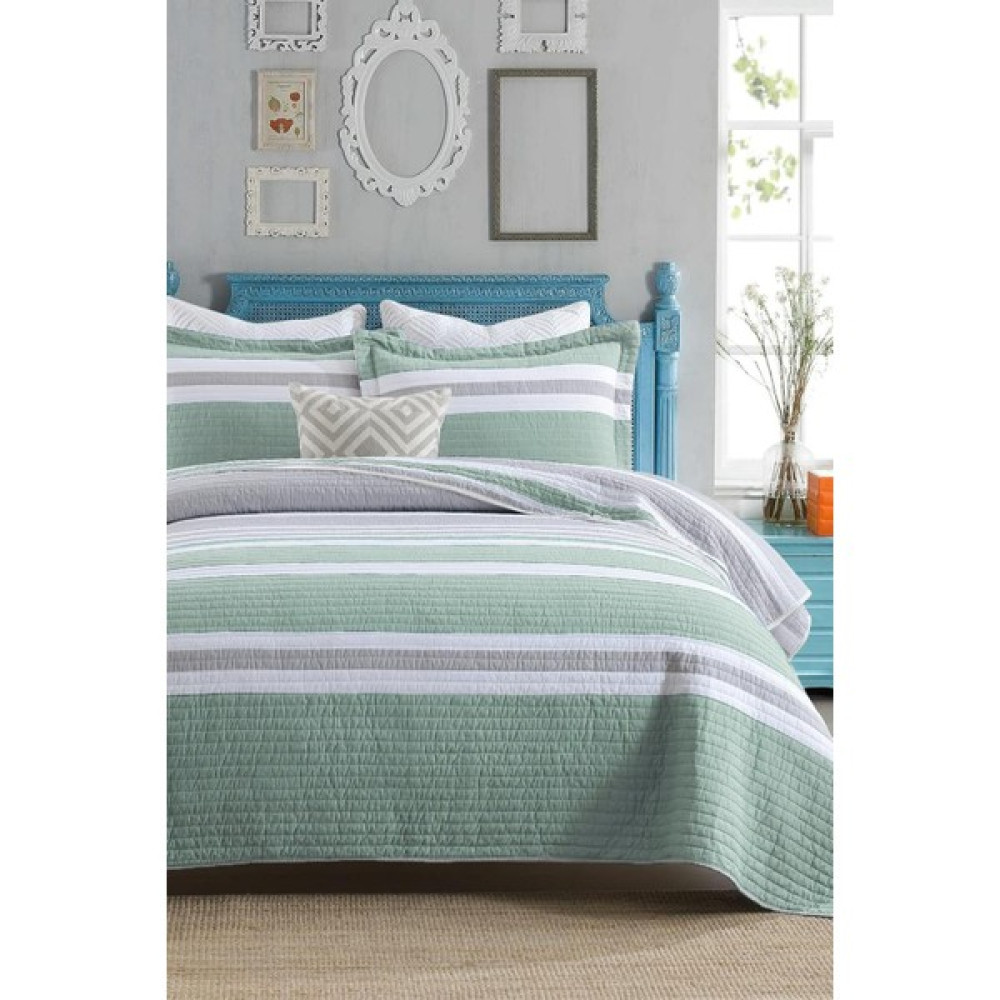 Evlen Home Collection Pamuklu Çizgili Yatak Örtüsü Seti Çift ( Taraflı ) Kişilik 3 Parça Günlük Battal Jelly - 240 x 250 cm - Yeşil Yatak Örtüsü Fiyatı