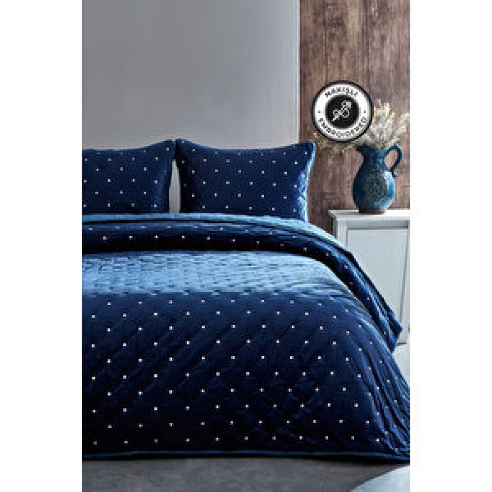 Evlen Home Collection Pamuklu Theos Kadife Yatak Örtüsü Seti Günlük Çift Kişilik Nakışlı 3 Parça Dolgulu Lacivert Yatak Örtüsü Fiyatı