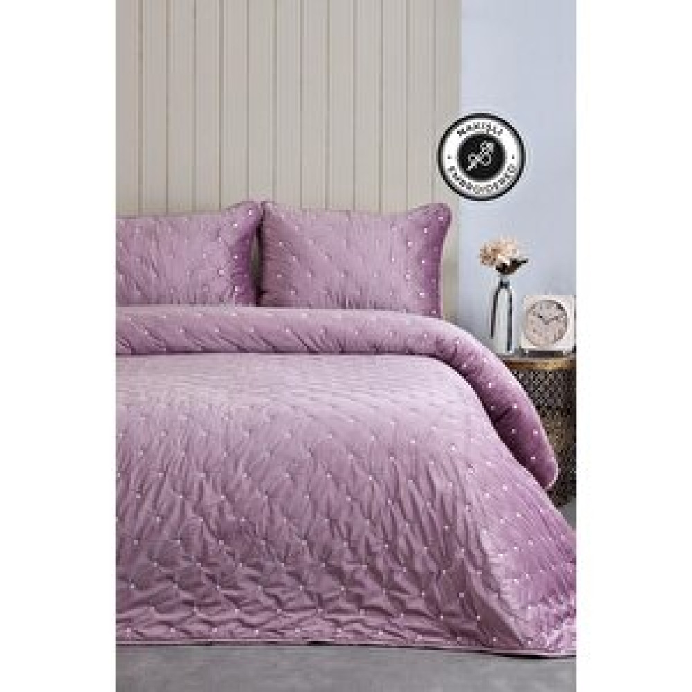 Evlen Home Collection Pamuklu Theos Kadife Yatak Örtüsü Seti Günlük Çift Kişilik Nakışlı 3 Parça Dolgulu Lila Yatak Örtüsü Fiyatı