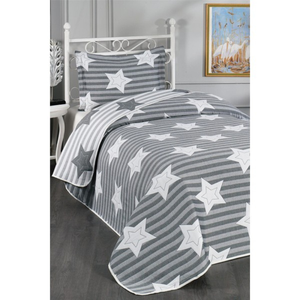 Evlen Home Collection Pedri Yıldız Desenli Pamuklu Tek Kişilik Yatak Örtüsü Seti ( Pike Takımı ) Gri 2 Parça | Çocuk Genç Yatak Örtüsü - 180 x 230 cm Yatak Örtüsü Fiyatı