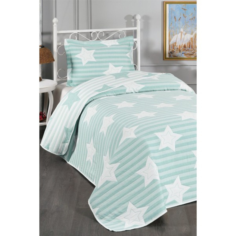 Evlen Home Collection Pedri Yıldız Desenli Pamuklu Tek Kişilik Yatak Örtüsü Seti ( Pike Takımı ) Mint 2 Parça | Çocuk Genç Yatak Örtüsü - 180 x 230 cm Yatak Örtüsü Fiyatı