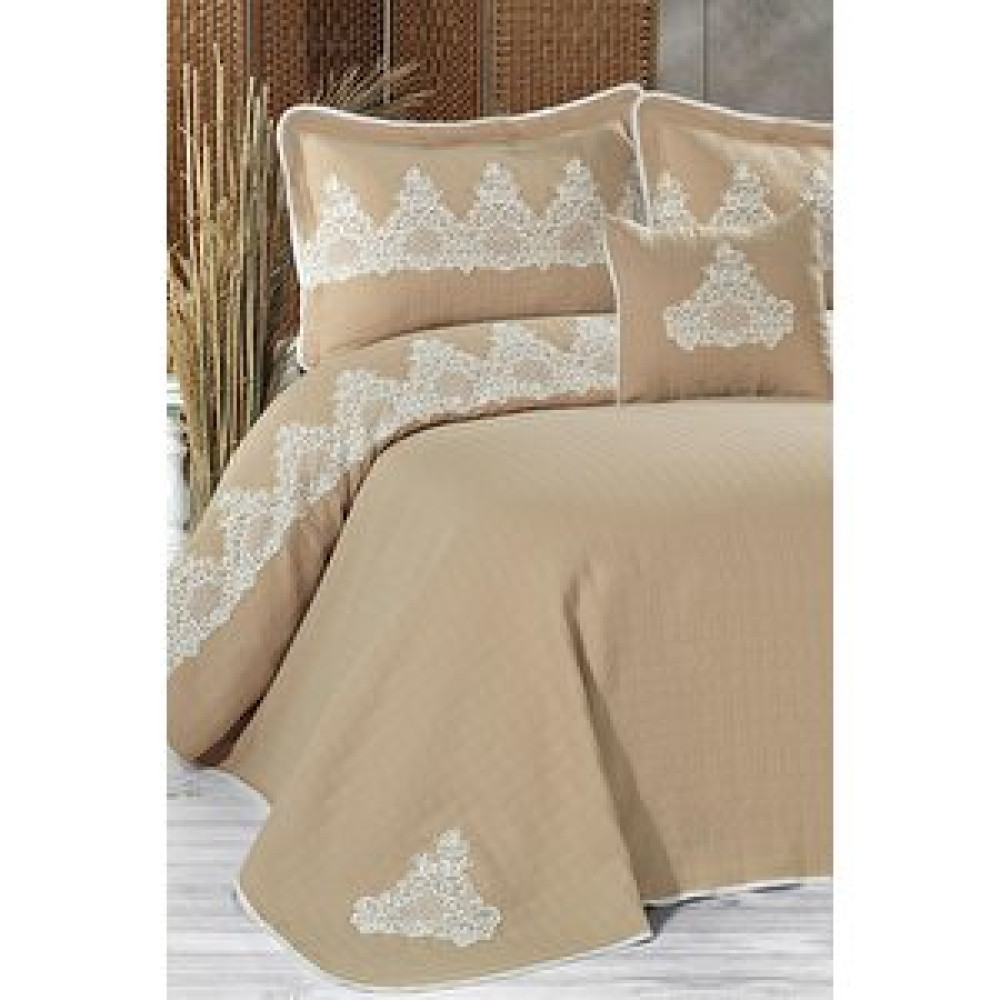 Evlen Home Collection Romans Fransız Dantelli Jakarlı Yatak Örtüsü Seti Çift Kişilik (4 Parça) Cappuccino Yatak Örtüsü Fiyatı