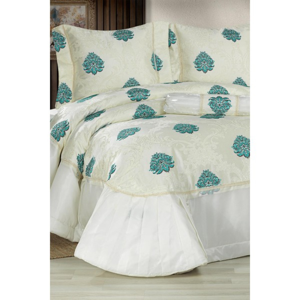 Evlen Home Collection Şahmira Damaks Çift Kişilik Elyaf Dolgulu Pamuk Şönil Yatak Örtüsü Takımı 4 Parça - Turkuaz - 260 x 270 cm Yatak Örtüsü Fiyatı