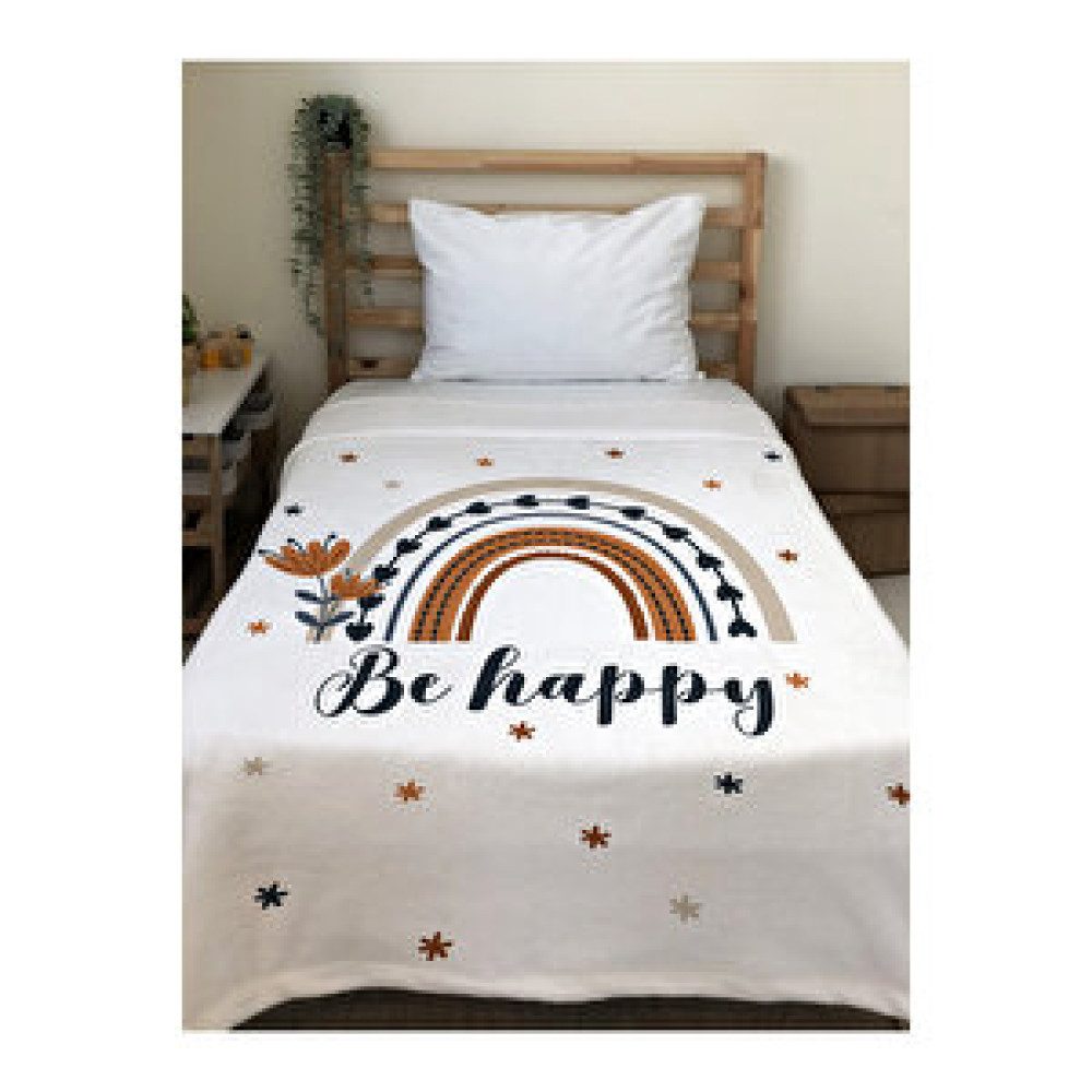 Evmila Gökkuşağı Be Happy Desenli Soft Baskılı Tek Kişilik 150x200 Cm Battaniye - Beyaz Battaniye Fiyatı