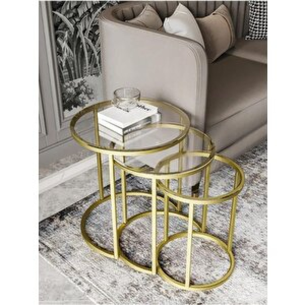 Evmo Gold Şeffaf Camlı 3lü Zigon Sehpa Takımı Zigon Sehpa Fiyatı